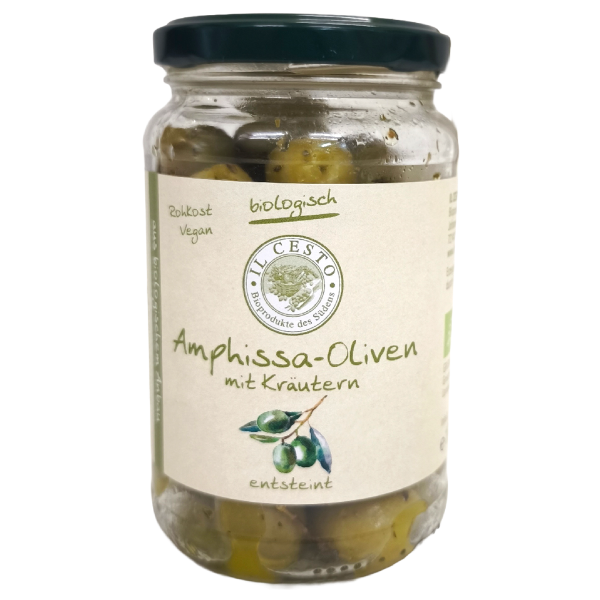 Bio grüne Oliven Amphissa mit Kräutern entsteint 170g