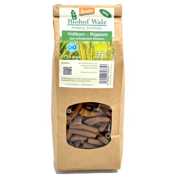 Demeter Bio Vollkorn Rigatoni aus Schwarzen Einkorn