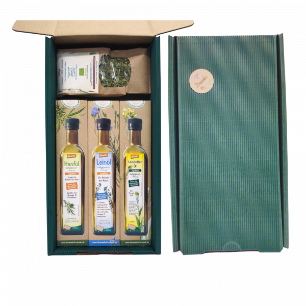 Demeter Bio Leindotter/Leinöl/Hanfölgeschenkset je 500ml mit 50g Hanftee