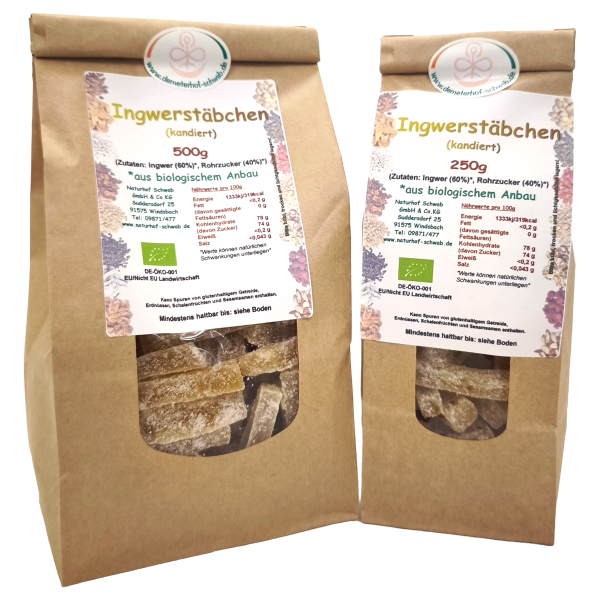 Bio Ingwerstäbchen (kandiert in Rohrzucker)